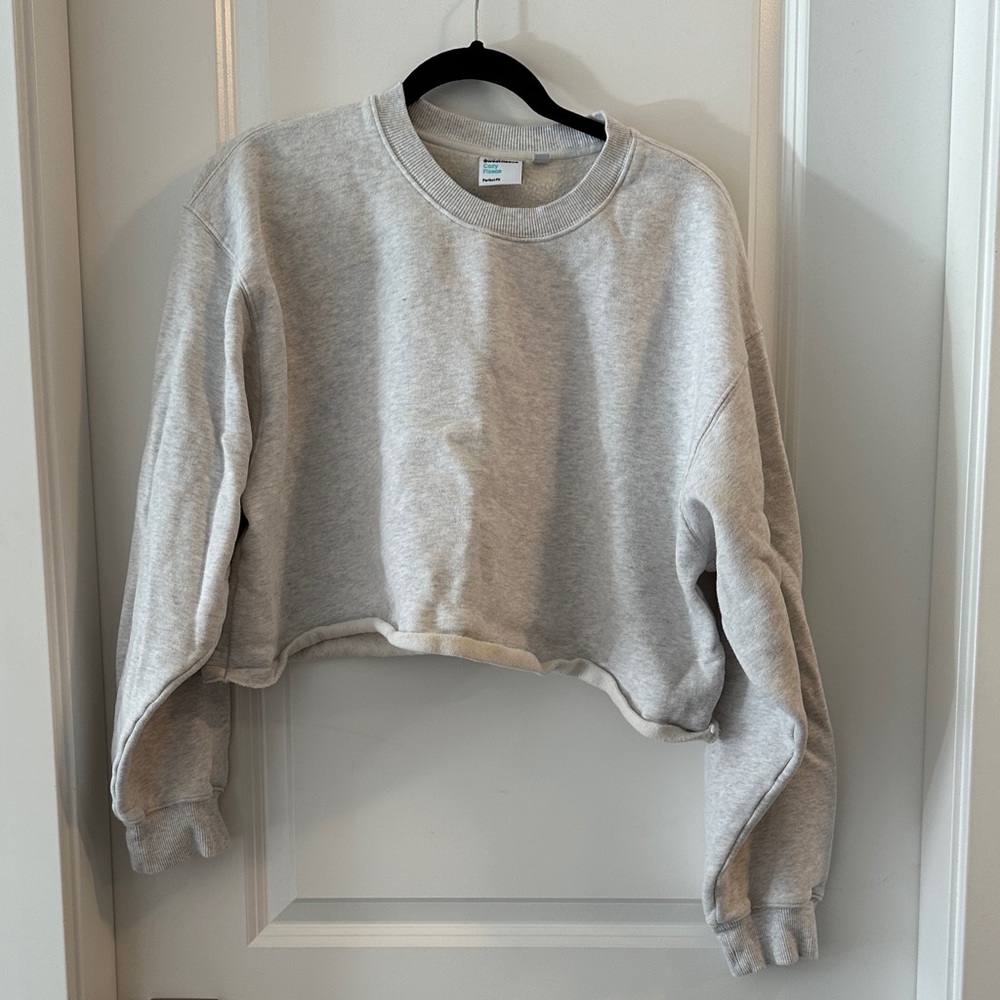 TNA Crop Cozy Fleece Sweatshirt in Light Gray